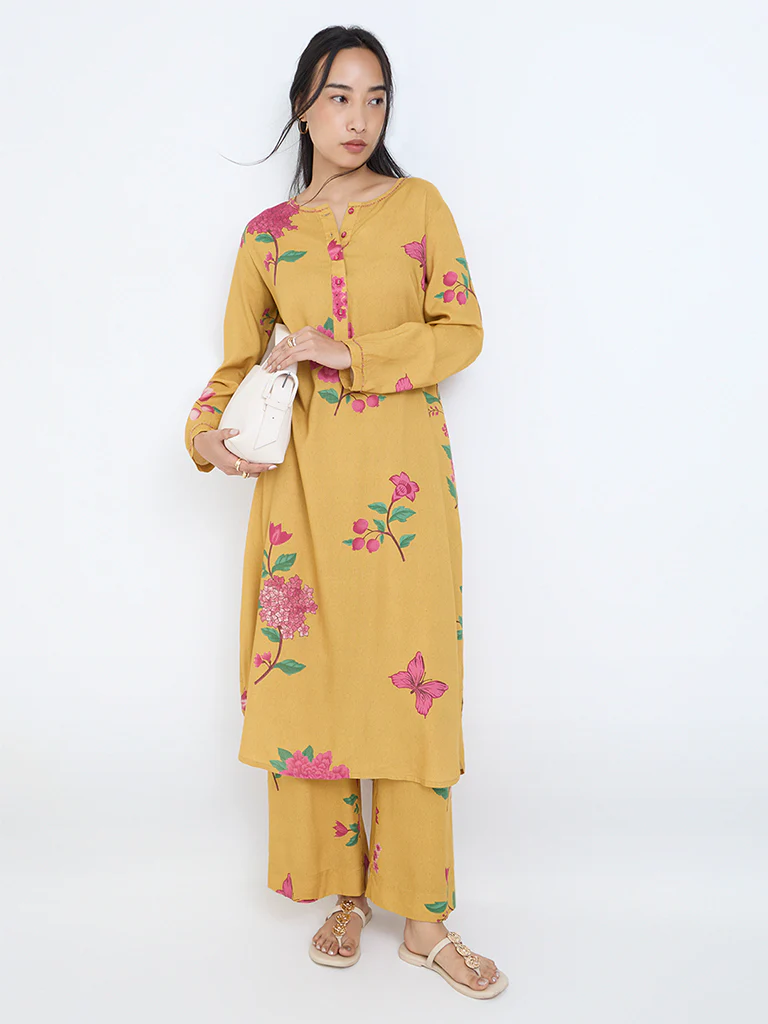 Utsa Mustard Floral Pattern A-Line Kurta - Image 2