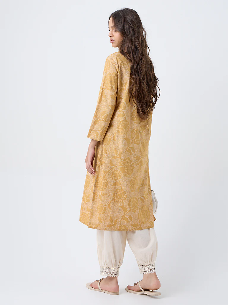 Utsa Mustard Floral Pattern Cotton Straight Kurta - Image 4