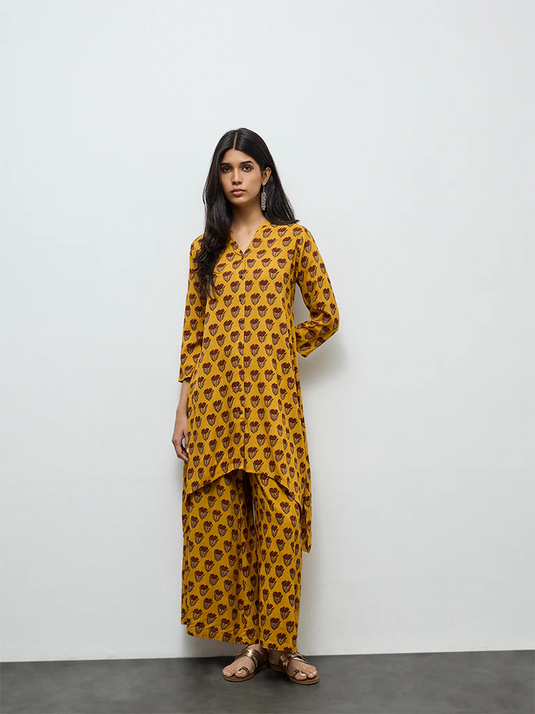 Utsa Mustard Floral Printed A-Line Kurta