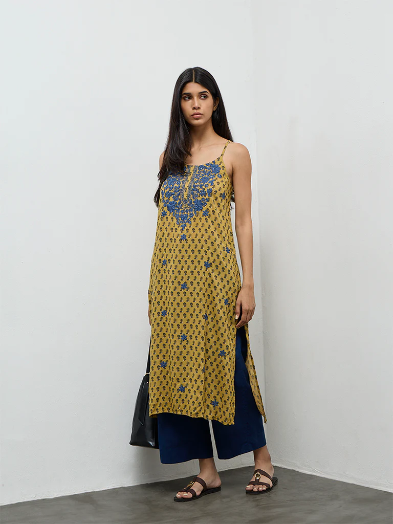 Utsa Mustard Floral Printed A-Line Kurta - Image 2