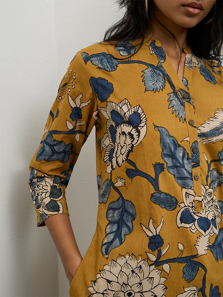 Utsa Mustard Floral Printed Cotton Straight Kurta - Image 3