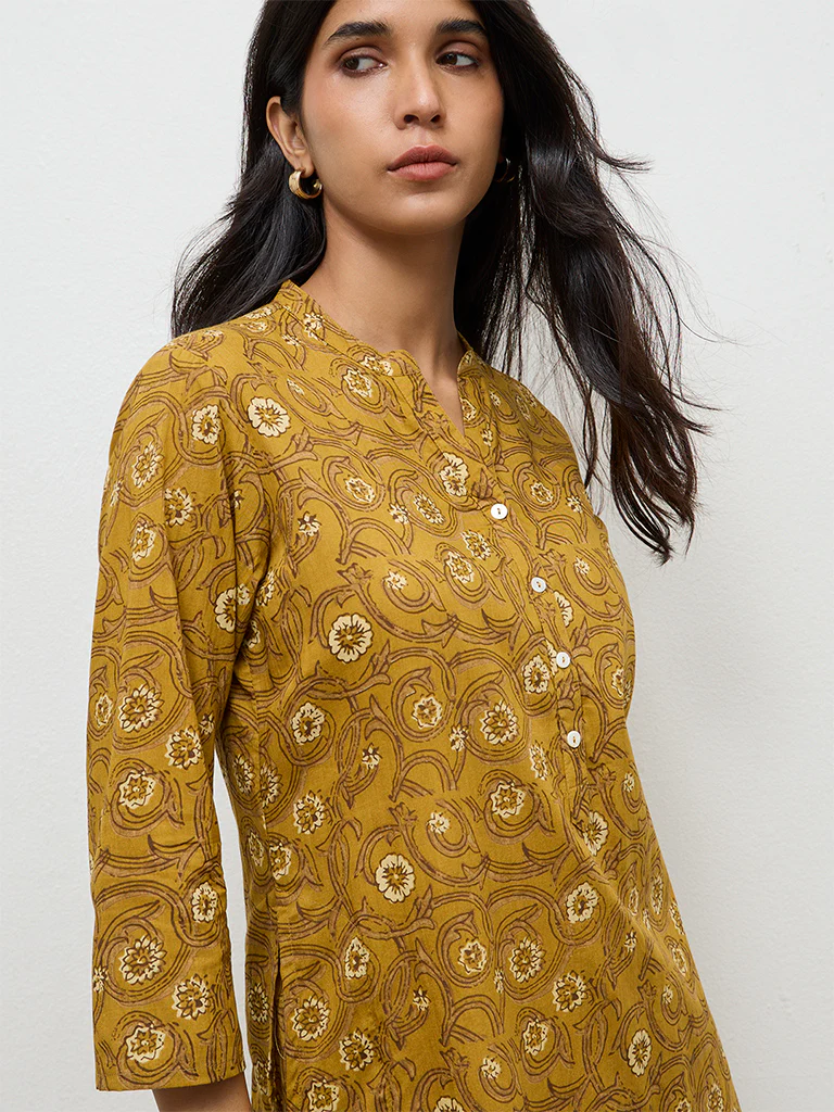 Utsa Mustard Floral Printed Cotton Straight Kurta - Image 3