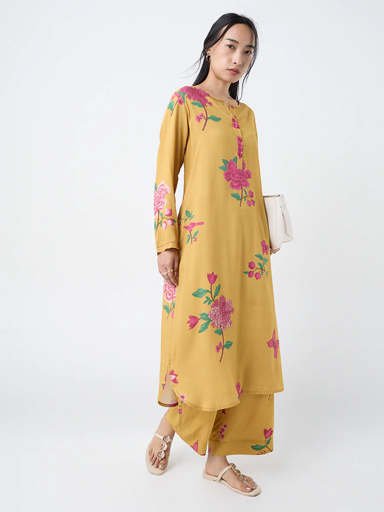 Utsa Mustard Floral Printed Pants - Image 2
