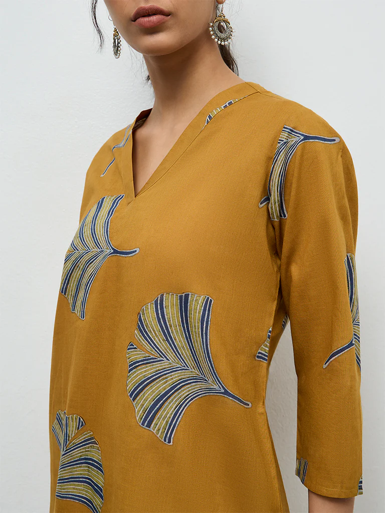 Utsa Mustard Foliage Printed Cotton Straight Kurta - Image 3