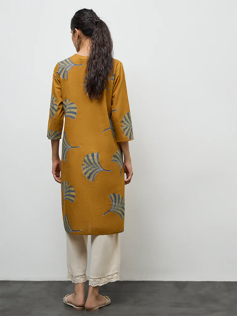 Utsa Mustard Foliage Printed Cotton Straight Kurta - Image 4