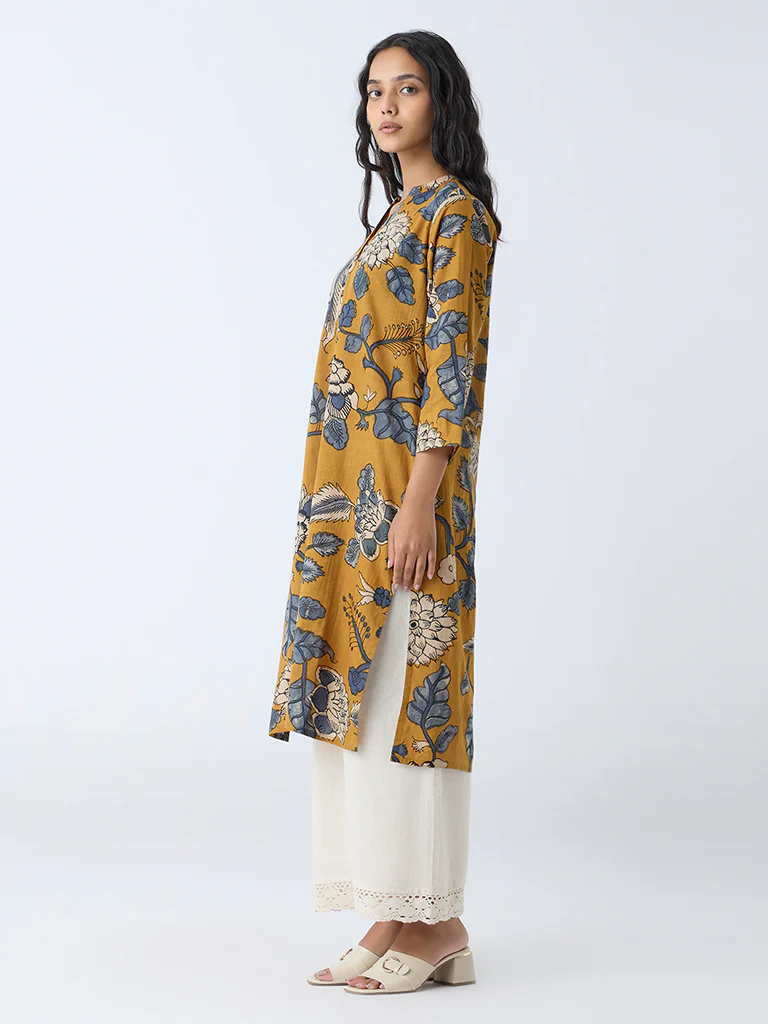 Utsa Mustard Foliage Printed Straight Kurta - Image 2