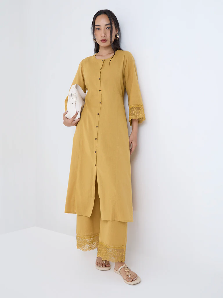 Utsa Mustard Lace-Detailed A-Line Cotton-Blend Kurta - Image 2