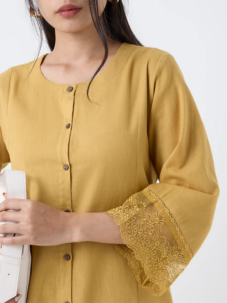 Utsa Mustard Lace-Detailed A-Line Cotton-Blend Kurta - Image 3