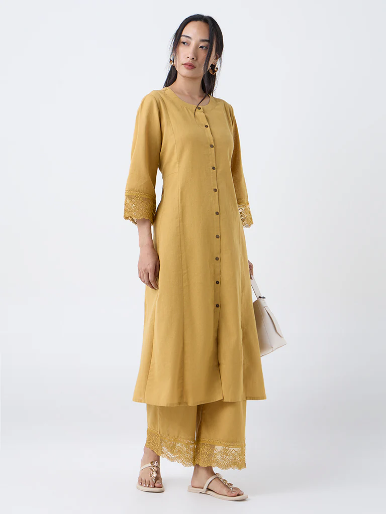 Utsa Mustard Lace-Detailed Cotton-Blend Ethnic Pants - Image 2