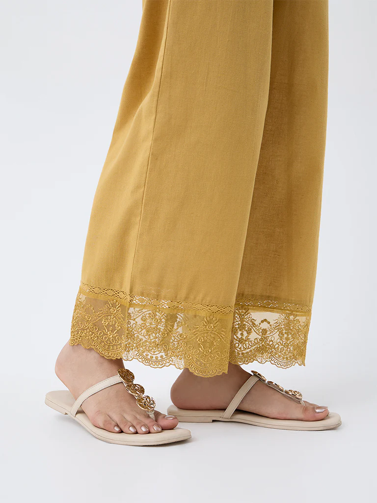 Utsa Mustard Lace-Detailed Cotton-Blend Ethnic Pants - Image 3