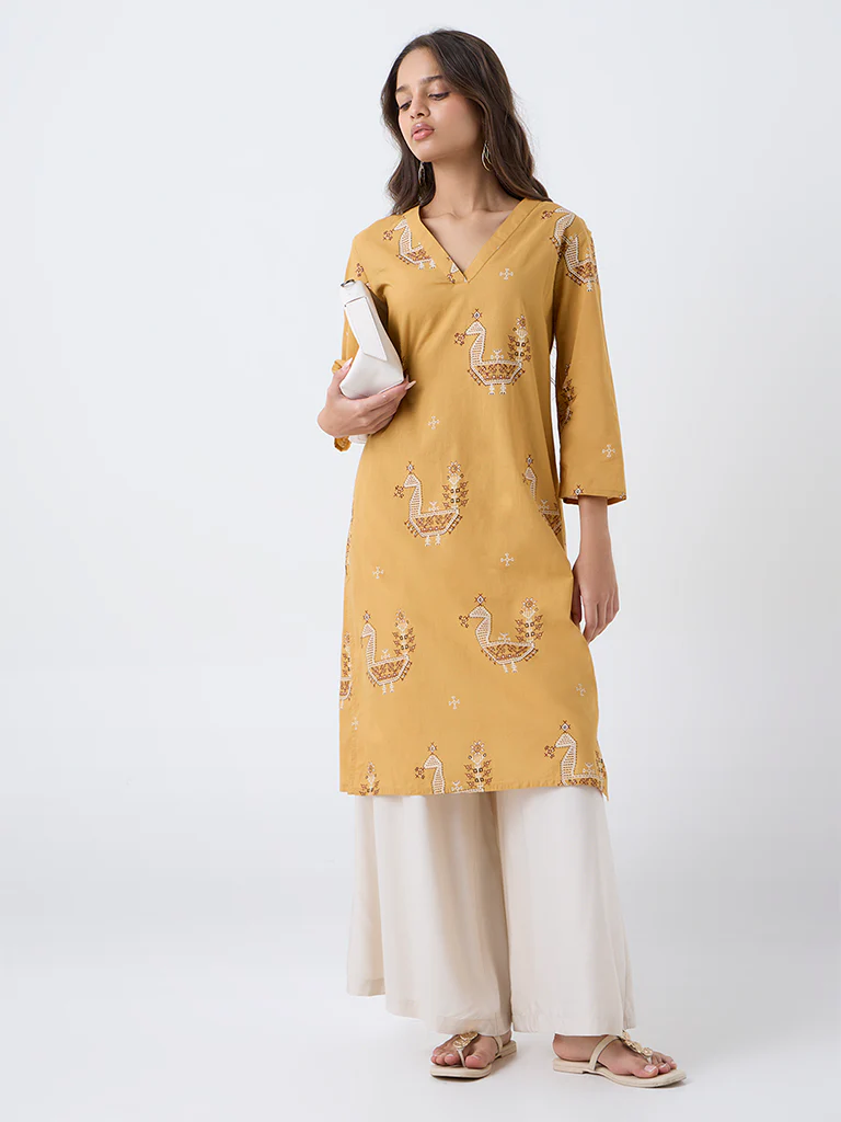 Utsa Mustard Printed Cotton Straight Kurta - Image 2