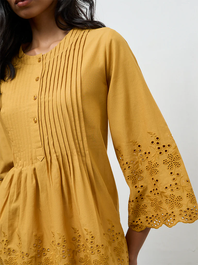 Utsa Mustard Schiffli Embroidered Cotton Tunic - Image 3