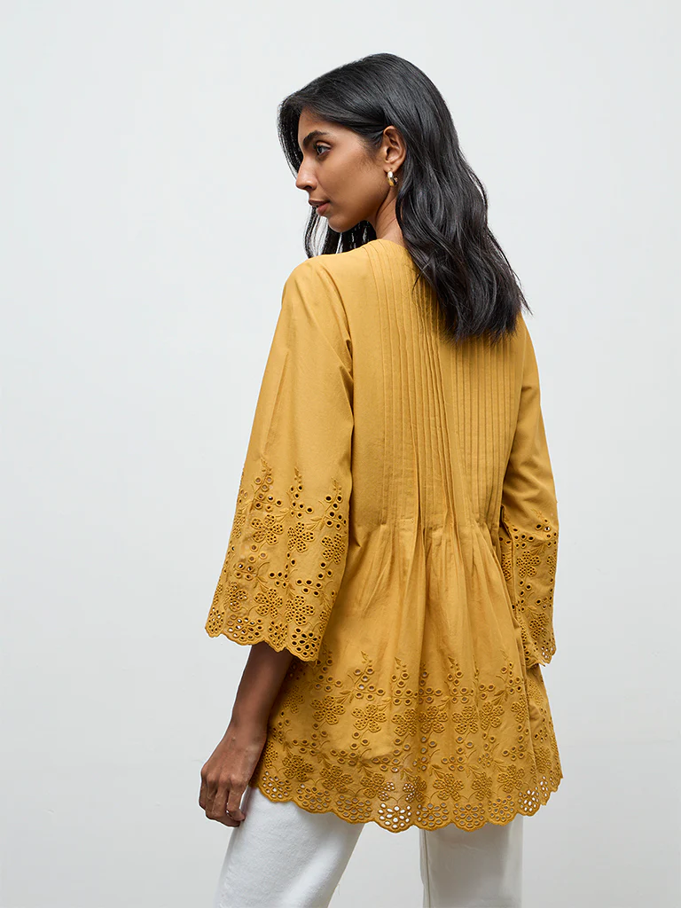 Utsa Mustard Schiffli Embroidered Cotton Tunic - Image 4