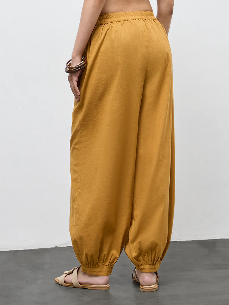 Utsa Mustard Solid Cotton Harem Pants - Image 4