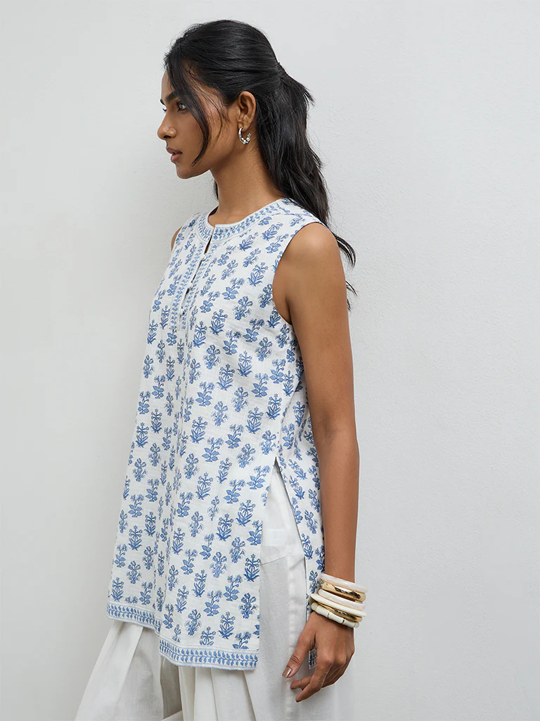 Utsa Navy Foliage Printed Cotton Kurti - Image 2