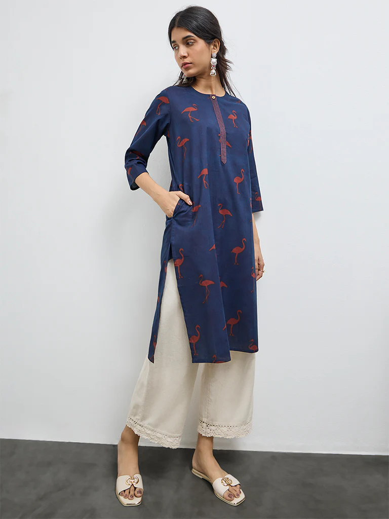 Utsa Navy Printed Cotton Straight Kurta - Image 2