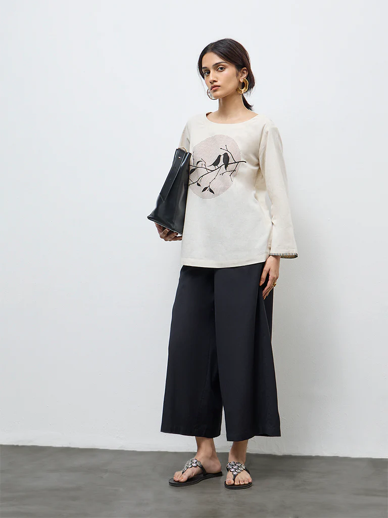 Utsa Off-White Bird Design Cotton-Blend Top