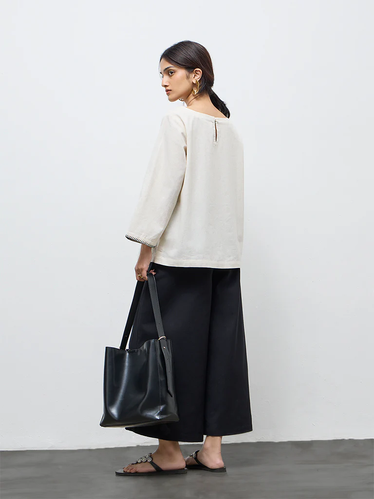 Utsa Off-White Bird Design Cotton-Blend Top - Image 4