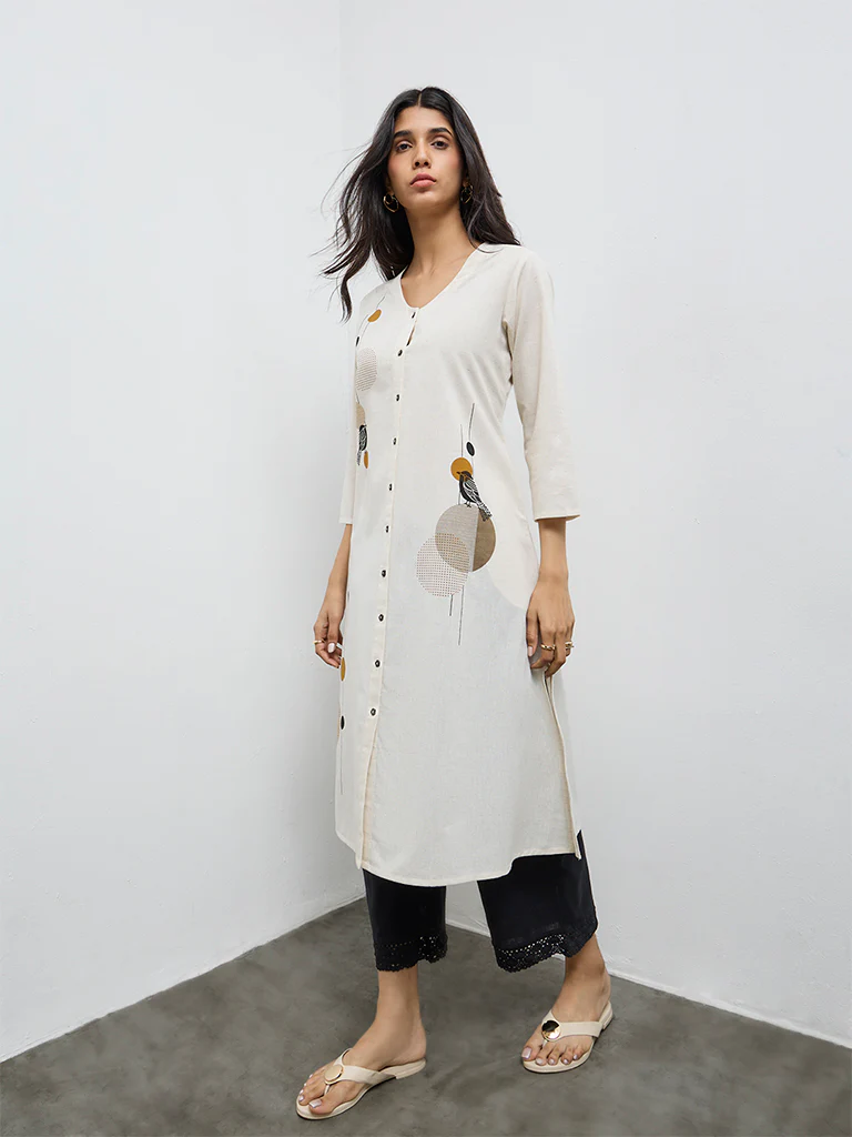 Utsa Off-White Bird Print Cotton-Blend A-Line Kurta - Image 2