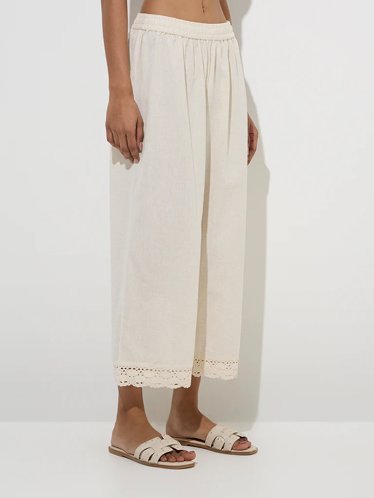 Utsa Off-White Crochet-Detailed Cotton Ethnic Palazzos
