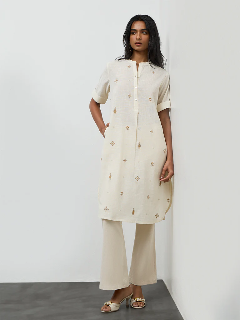 Utsa Off-White Embroidered A-Line Cotton Kurta