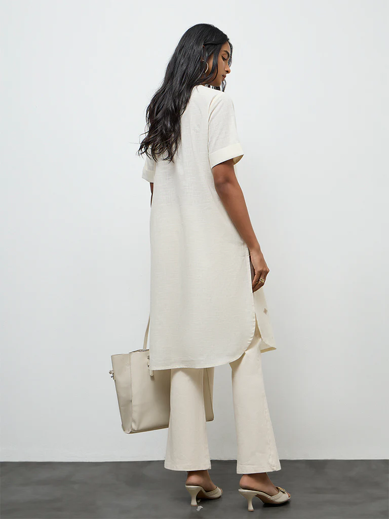 Utsa Off-White Embroidered A-Line Cotton Kurta - Image 4