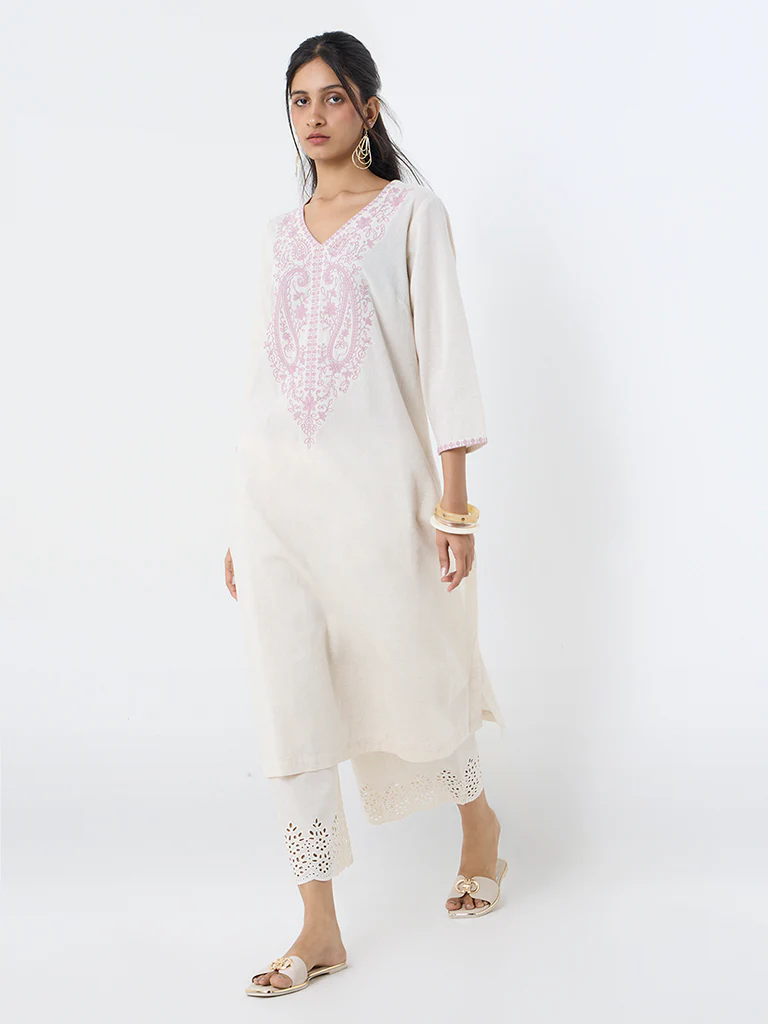 Utsa Off-White Embroidered Cotton-Blend A-Line Kurta - Image 2