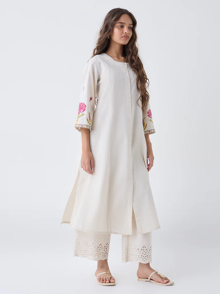 Utsa Off-White Embroidered Cotton-Blend A-Line Kurta