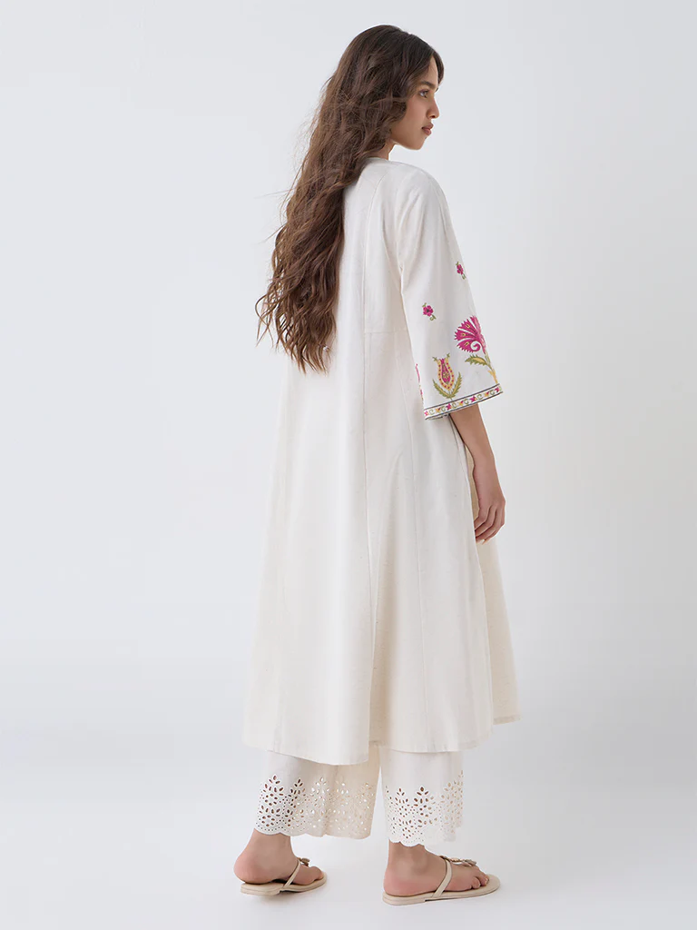 Utsa Off-White Embroidered Cotton-Blend A-Line Kurta - Image 4