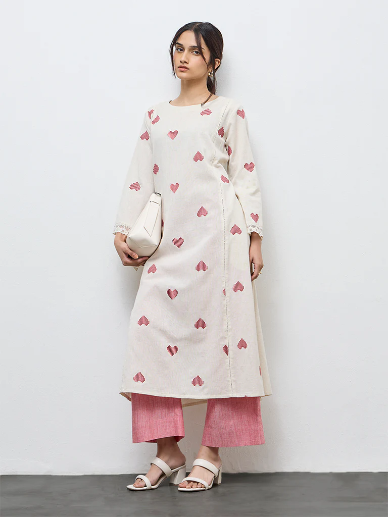 Utsa Off-White Embroidered Cotton-Blend A-Line Kurta