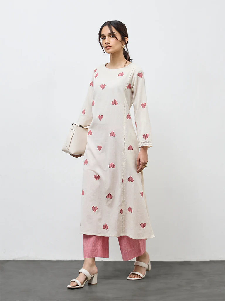 Utsa Off-White Embroidered Cotton-Blend A-Line Kurta - Image 3