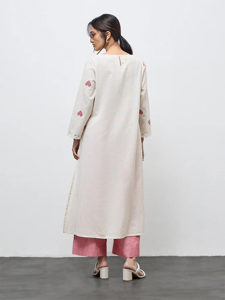 Utsa Off-White Embroidered Cotton-Blend A-Line Kurta - Image 4