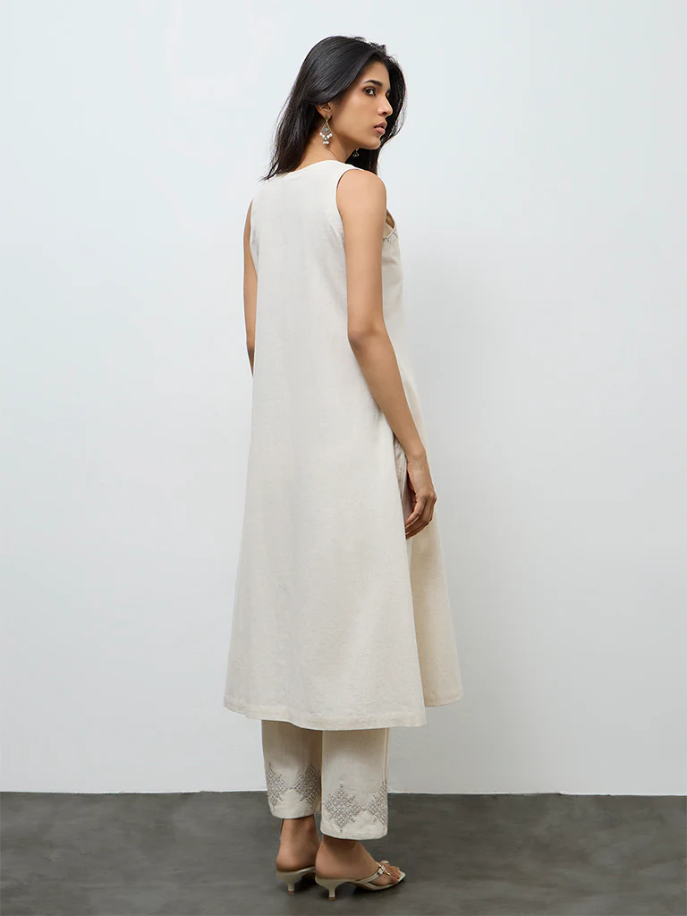 Utsa Off-White Embroidered Cotton-Blend A-Line Kurta - Image 4