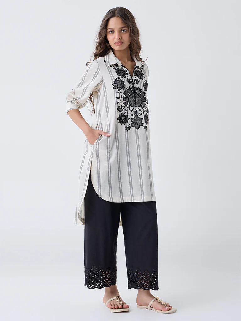 Utsa Off-White Embroidered Cotton-Blend High-Low Kurta