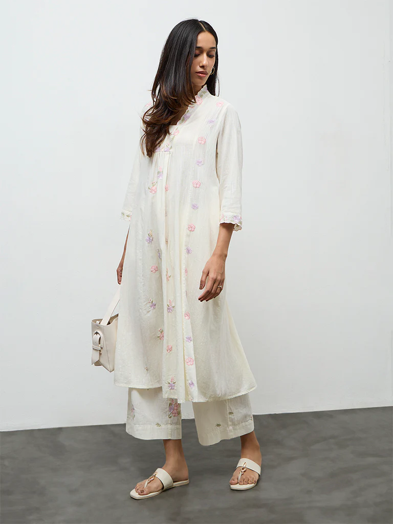 Utsa Off-White Embroidered Cotton-Blend Pants - Image 2