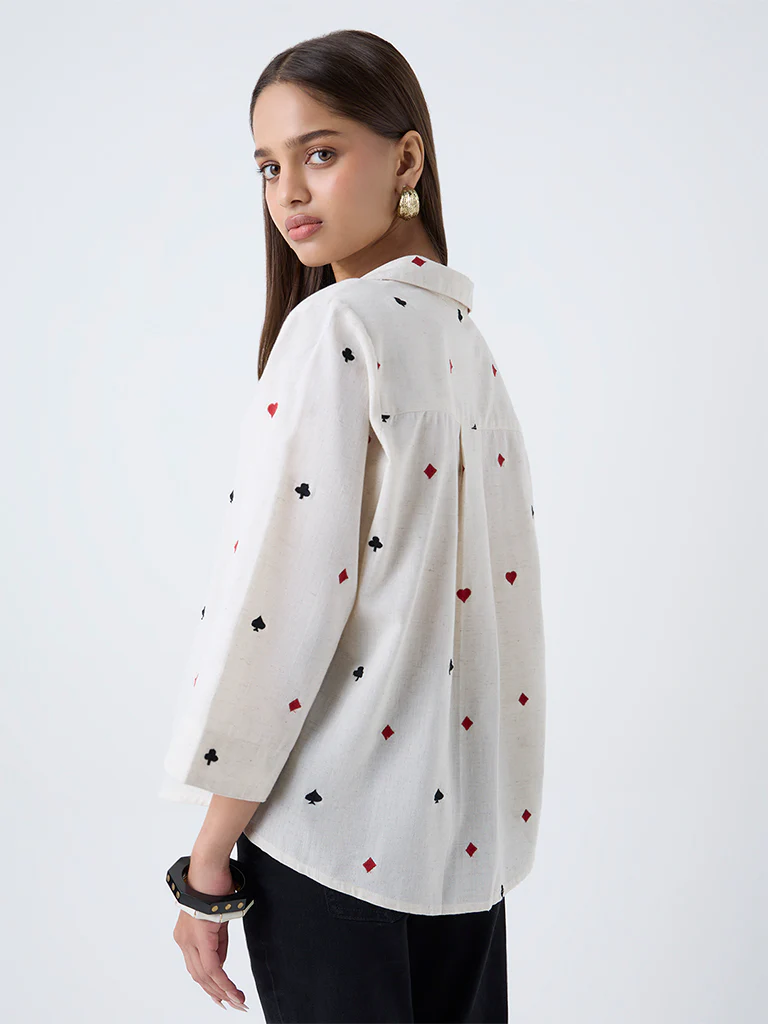 Utsa Off-White Embroidered Cotton-Blend Tunic - Image 4