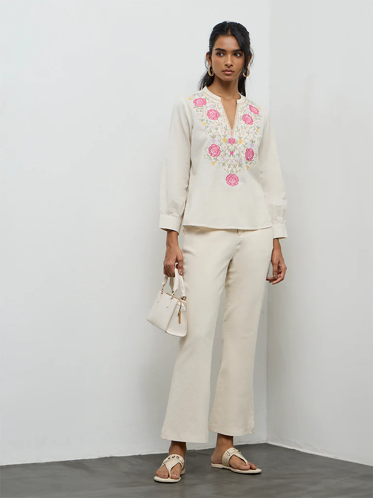 Utsa Off-White Embroidered Cotton Tunic - Image 2