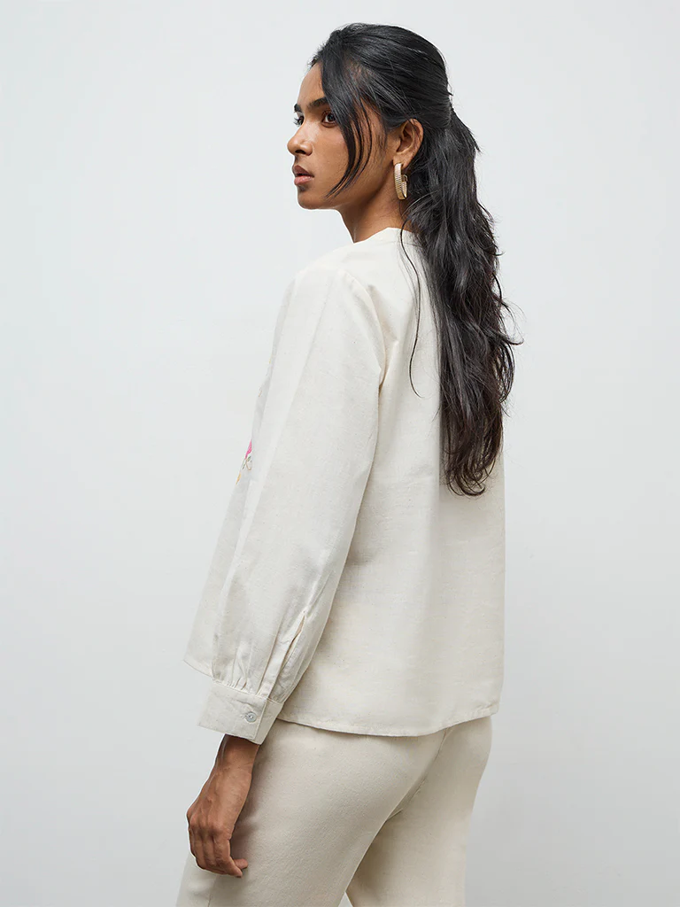 Utsa Off-White Embroidered Cotton Tunic - Image 4