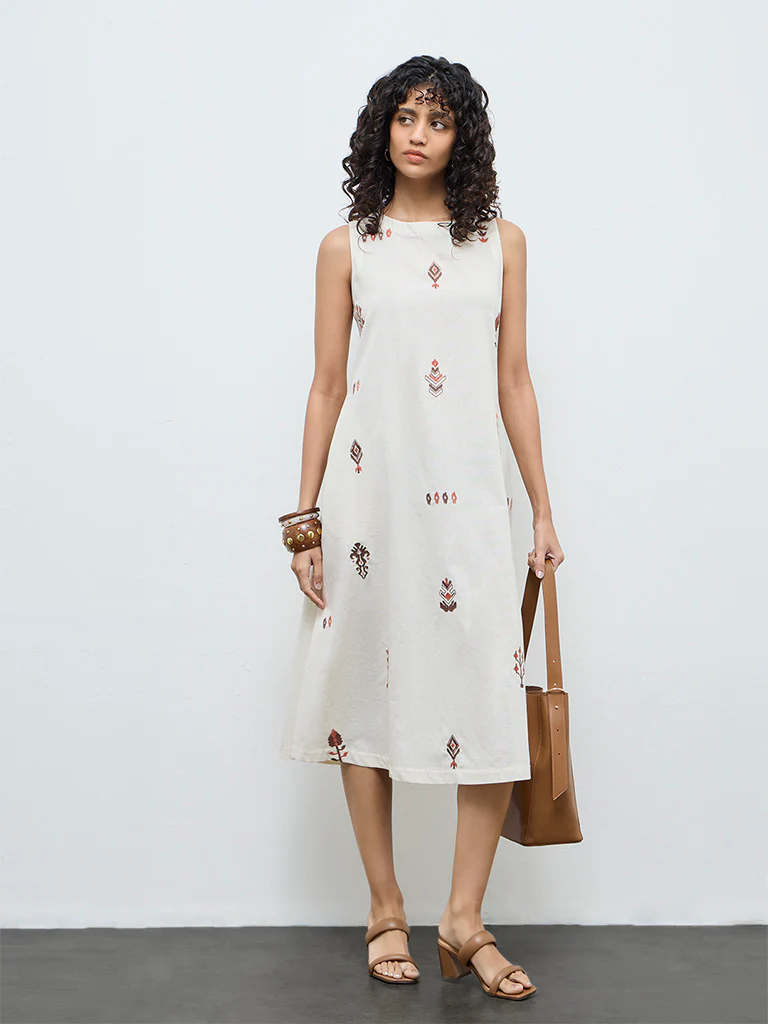 Utsa Off-White Embroidered Straight Cotton-Blend Dress - Image 2