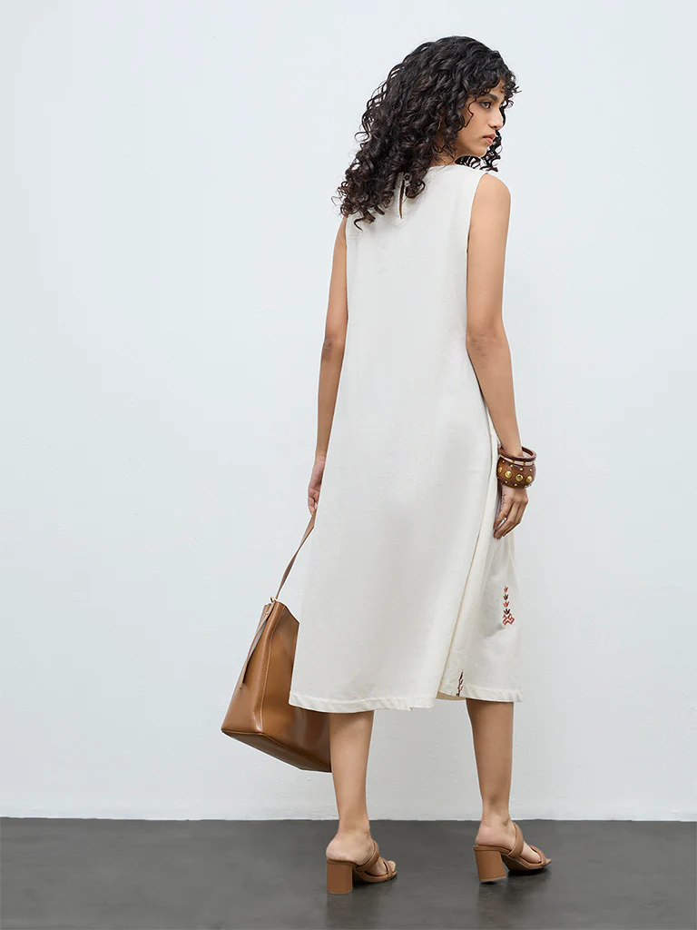 Utsa Off-White Embroidered Straight Cotton-Blend Dress - Image 4