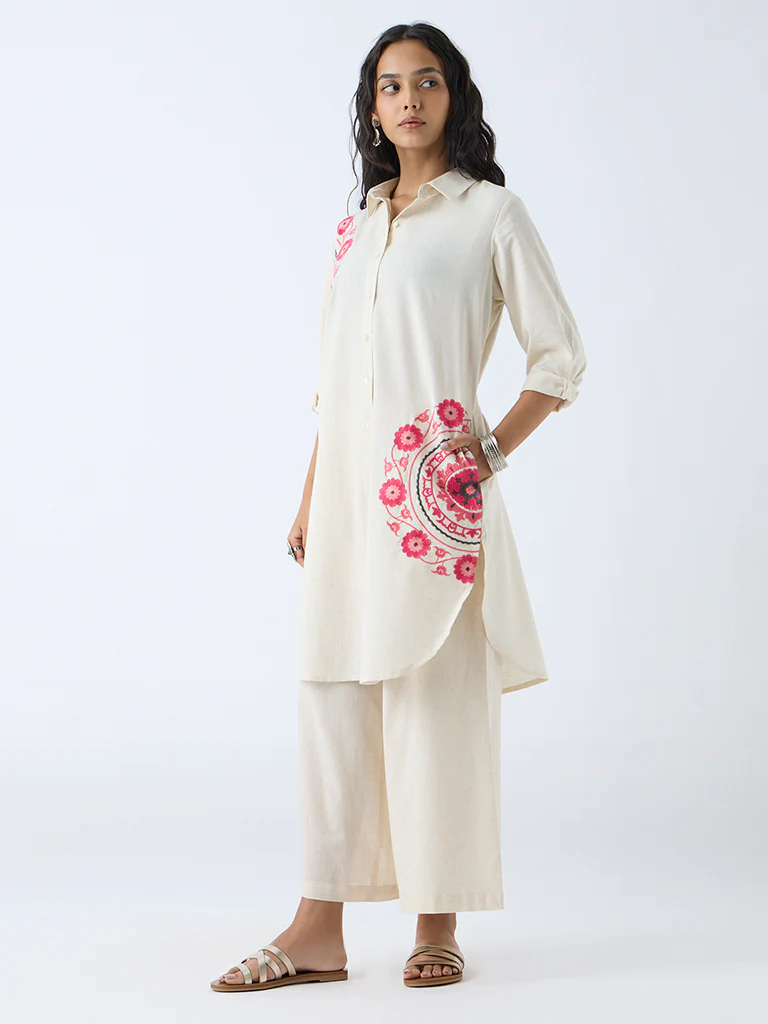 Utsa Off-White Embroidered Straight Cotton-Blend Kurta - Image 2