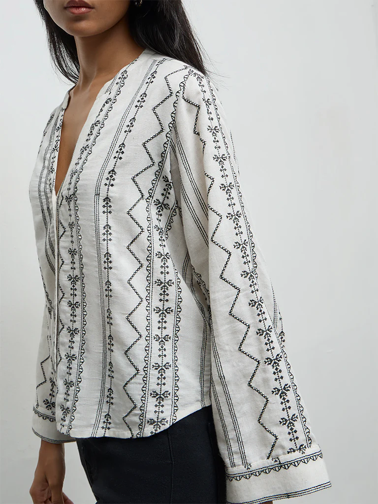 Utsa Off-White Embroidered Tunic - Image 3