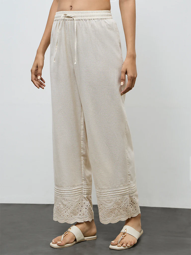 Utsa Off-White Eyelet Embroidered Cotton Pants