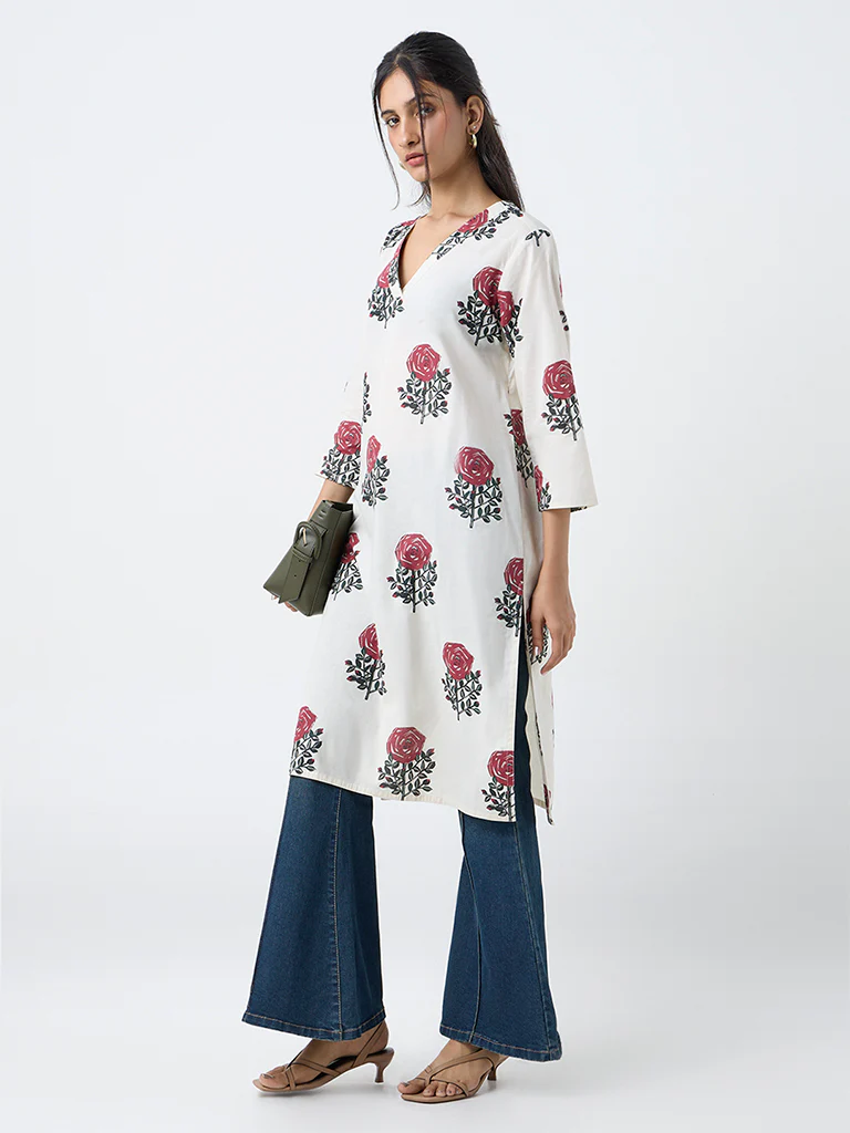 Utsa Off-White Floral Butta Print Cotton Straight Kurta