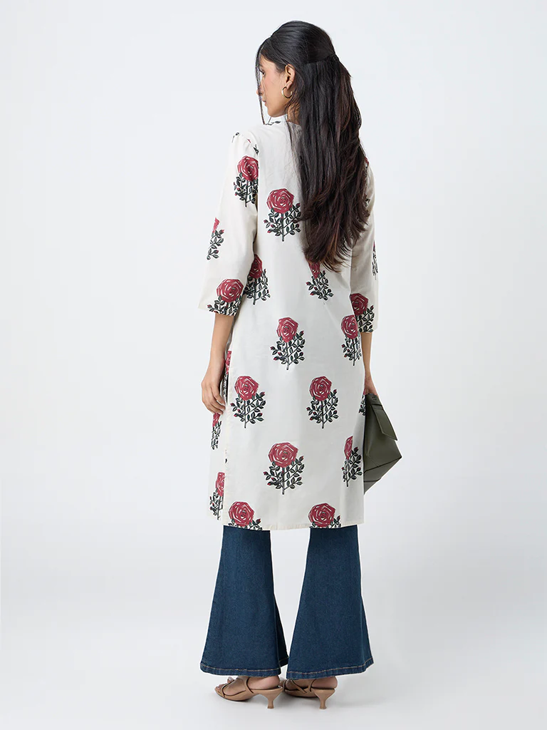 Utsa Off-White Floral Butta Print Cotton Straight Kurta - Image 4
