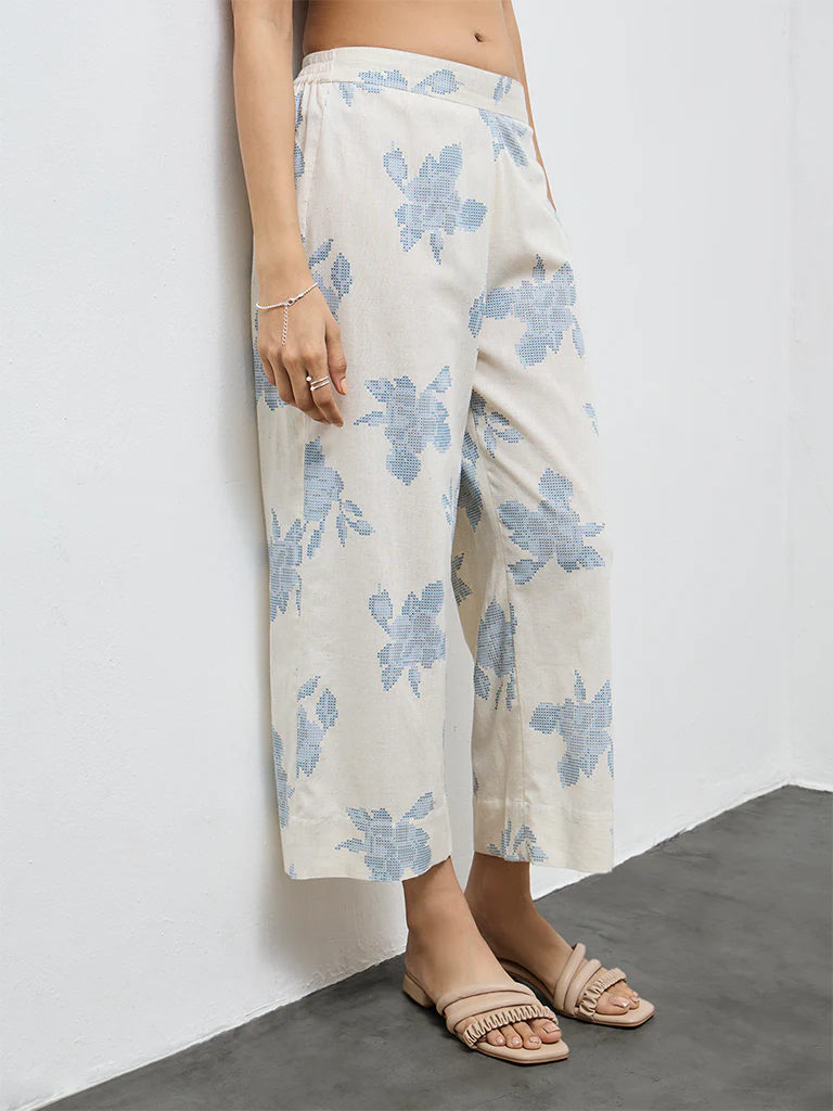 Utsa Off-White Floral Cotton-Blend Pants