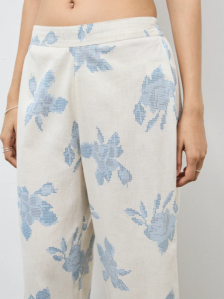 Utsa Off-White Floral Cotton-Blend Pants - Image 3