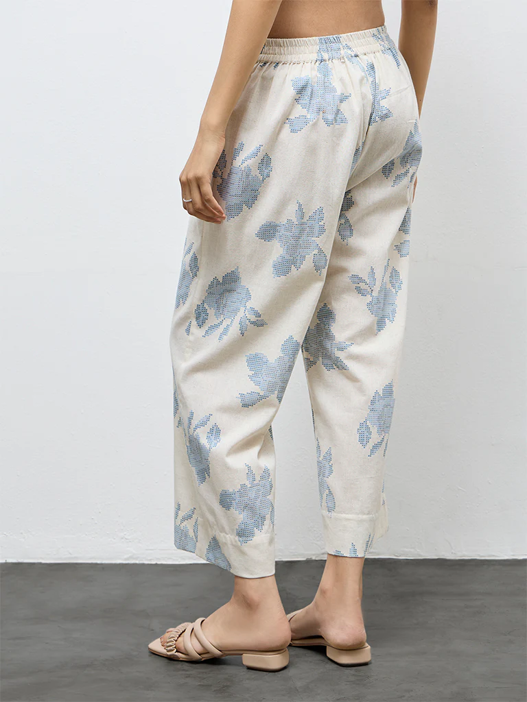 Utsa Off-White Floral Cotton-Blend Pants - Image 4