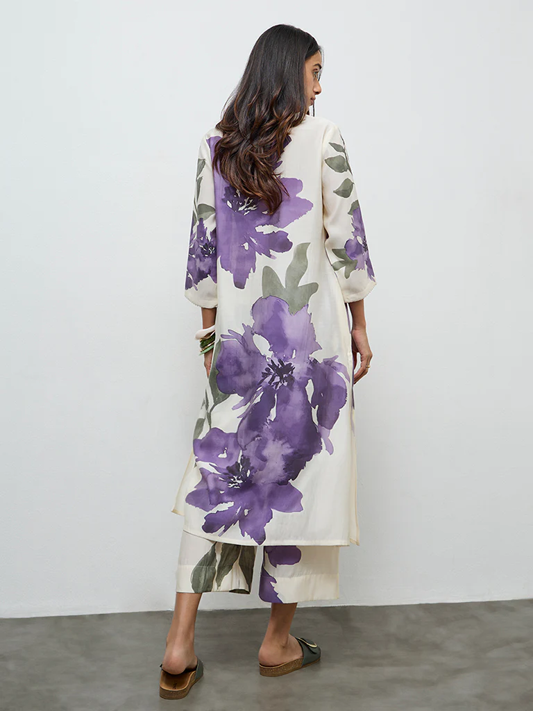Utsa Off-White Floral Design A-Line Kurta - Image 4