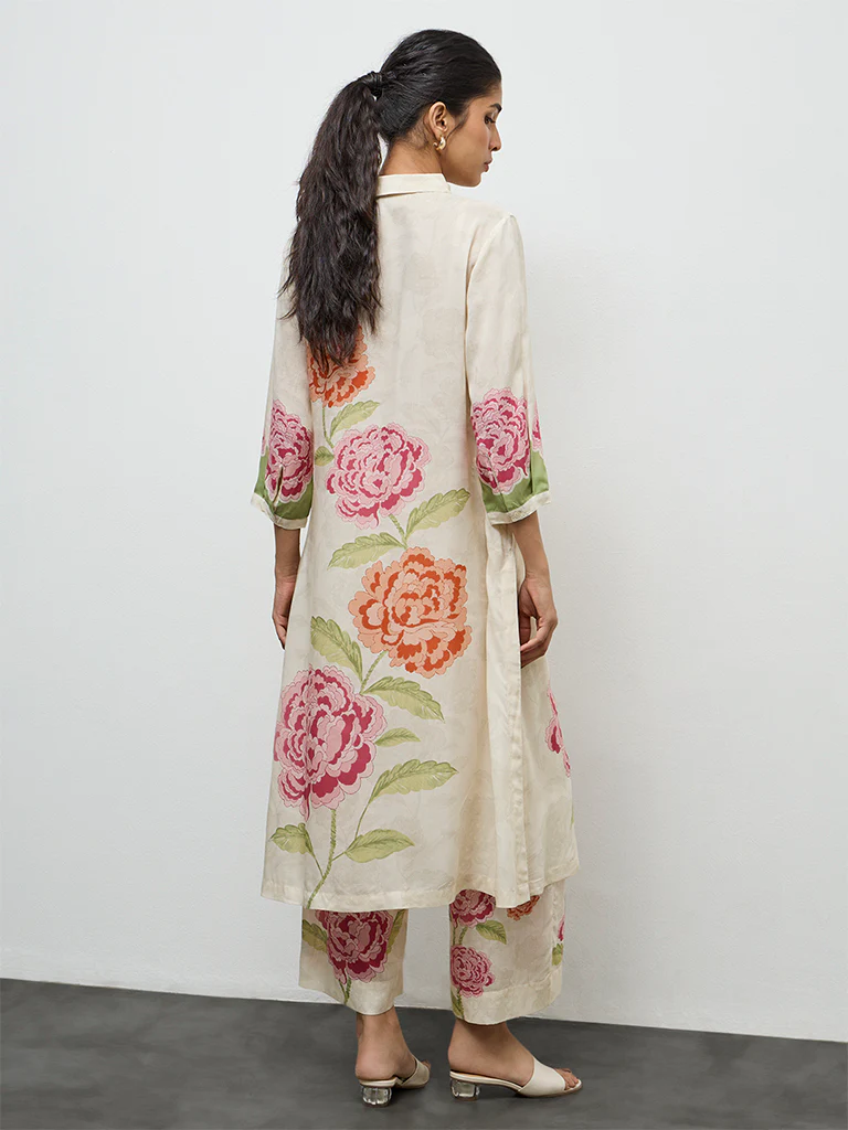 Utsa Off-White Floral Design A-Line Kurta - Image 4